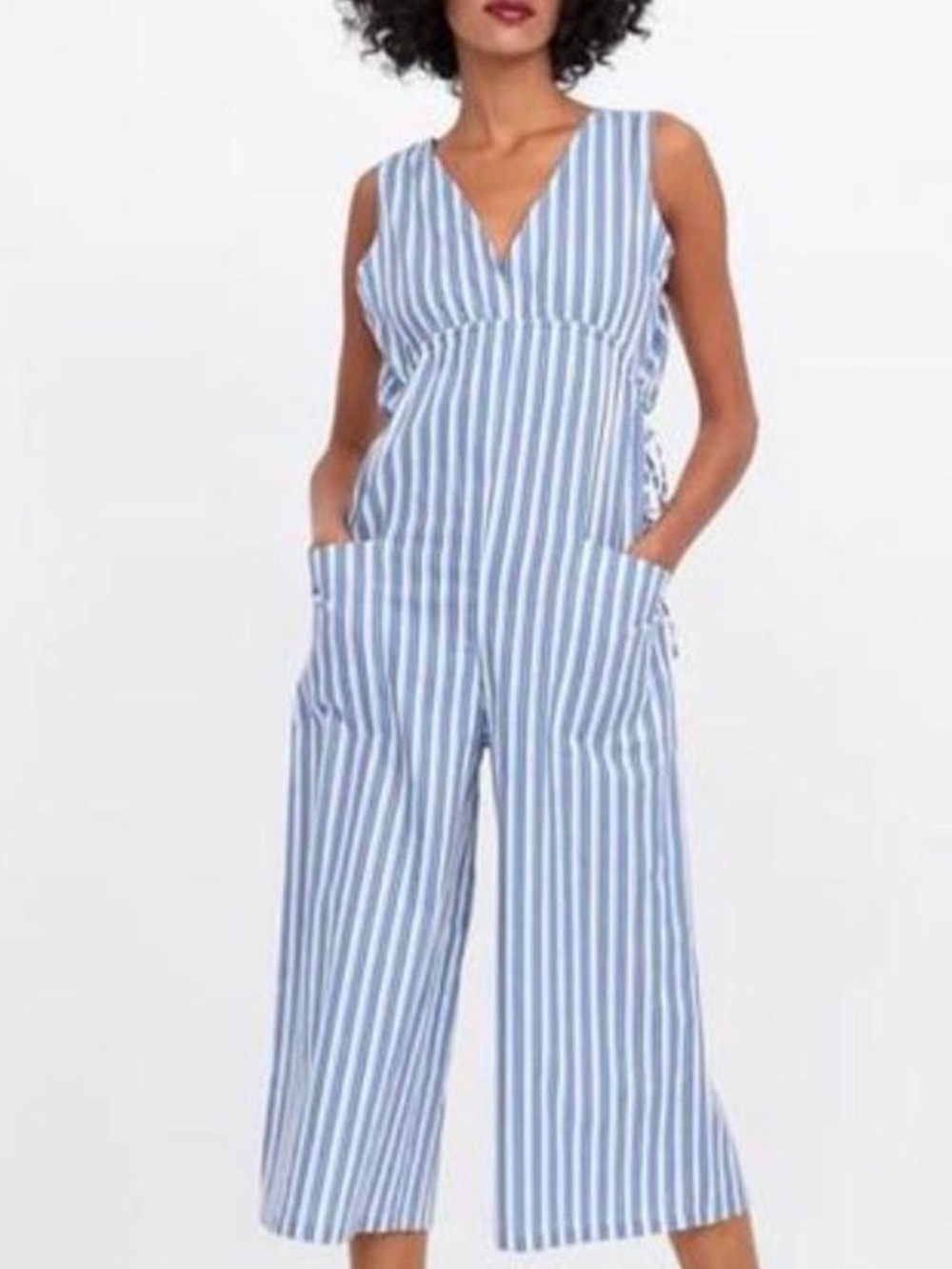 Zara Striped Blue & White Sleeveless Jumpsuit